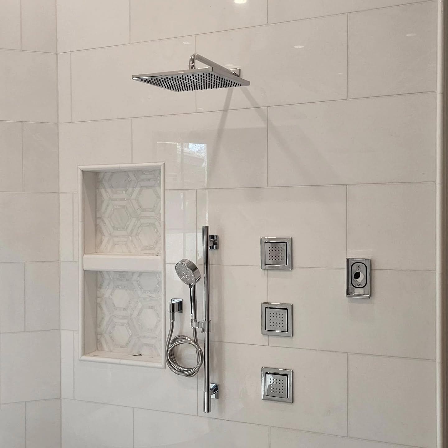 Rain shower head with hexagon mosaic tile niche